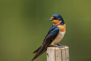 Fototapeta premium Majestic Red-rumped Swallow Perched on Wooden Post
