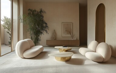 Modern minimalist living room with beige sofas, coffee tables, and plants.