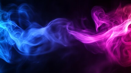 Fototapeta premium Vibrant smoke swirls in blue and pink hues against a dark background, evoking energy and mystery in abstract composition