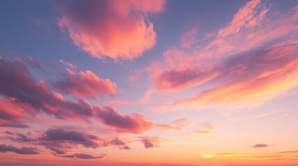 Fototapeta premium Peaceful Sunset Landscape With Vibrant Colors and Scattered Clouds Casting Warm Glow over Horizon