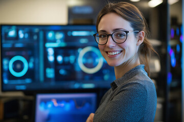 Young woman smiling while working in a modern tech office with screens. Generative AI