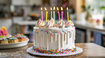 Birthday Cake with Drip Icing: A cake with white drip icing, sprinkles, and colorful birthday candles.