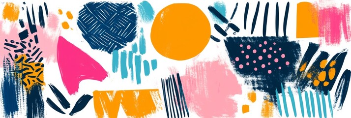 Obraz premium Abstract digital art with chaotic arrangement of shapes in shades of pink, blue, orange, and yellow on white background