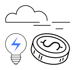 Cloud outline above light bulb with blue lightning bolt and coin with dollar symbol. Ideal for technology, finance, innovation, weather, education, energy, creativity themes. Line metaphor