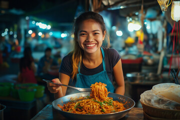 Smiling woman enjoys serving noodles at vibrant night market in bustling city. Generative AI