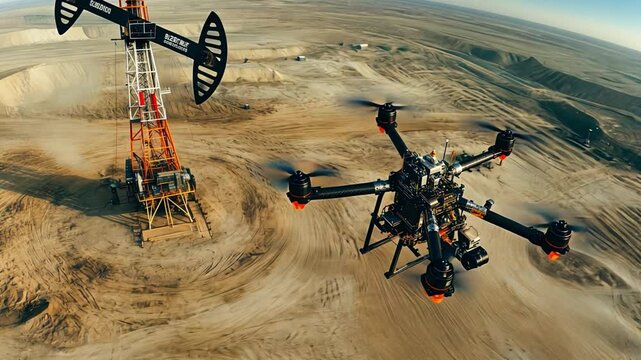 A drone is flying over a desert with a large oil rig in the background