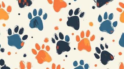 Fototapeta premium Playful seamless paw prints pattern in various colors on white background with scattered orange circles - whimsical design