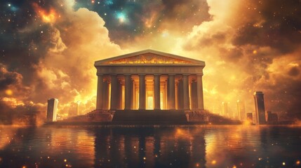 Obraz premium Stunning digital illustration of temple surrounded by mystical glow in tranquil waters, under radiant sky with celestial backdrop