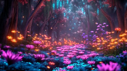 Fototapeta premium Nighttime Forest Landscape with Tall Trees, Colorful Flowers, and Vibrant Atmosphere