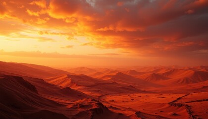 Naklejka premium Fiery Sunset Over Martian Desert Landscape