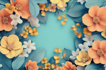Floral Frame:  Elegant Paper Flowers Bloom Beautifully on Blue