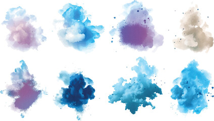 Set of watercolor circles brash multicolored. The picture features a blue watercolor cloud pattern on a white background.