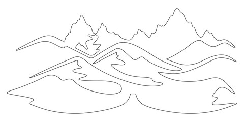 Fototapeta premium Continuous one line drawing Mountain landscape. Minimalistic view of high mountains. Beautiful scenery .One continuous line isolated minimal illustration.Not AI.