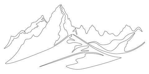 Continuous one line drawing Mountain landscape. Minimalistic view of high mountains. Beautiful scenery .One continuous line isolated minimal illustration.Not AI.