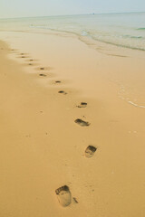 Footprints of human feet on the sand near the water on the beach.