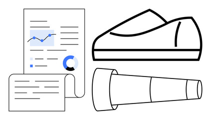 Documents with charts, a shoe, and a telescope represent business analysis, strategic planning, and vision. Ideal for business presentations, market analysis, strategy sessions, retail planning, data