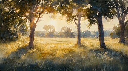 Fototapeta premium A subtle dusk haze blankets the landscape as the last light of day filters through the trees