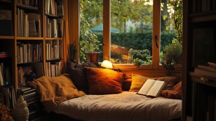 Obraz premium A warm ambient glow envelops a cozy reading nook