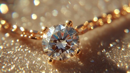 Fototapeta premium Close-up of a sparkling diamond on a gold chain, resting on a shimmering surface.