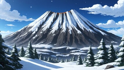 Elegant anime style of a volcanic range exterior coated with snow background