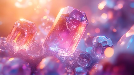 A luxurious holographic design featuring faceted crystals and flowing iridescent bubbles with glowing effects