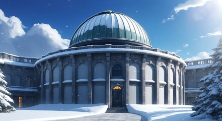 Elegant anime style of a observatory exterior coated with snow background