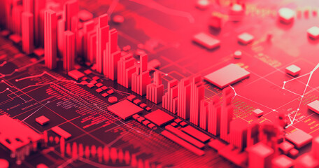 Abstract cityscape of red data and algorithms