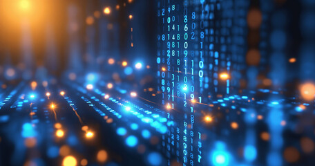 Futuristic Digital Data Stream with Glowing Binary Code