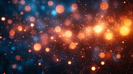 Fototapeta premium Beautiful bright fireworks display illuminating the night sky with vibrant colors Abstract Festive Background with Sparkling Orange and Blue Bokeh Lights, Glowing Particles, and Shimmering Dust Motes