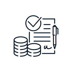 Document, check mark, coins, pen. Concept of payment approval, signing of contract. Vector linear icon isolated on white background