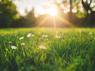 Green lawn with fresh grass outdoors. Nature spring grass background texture. - ai