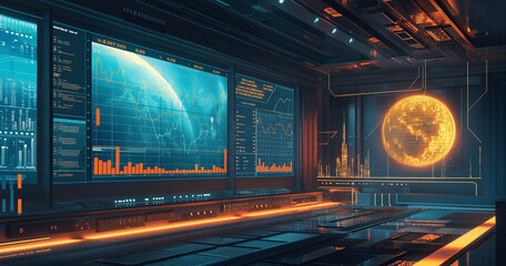 Futuristic Control Room with Data Screens and Digital Globe