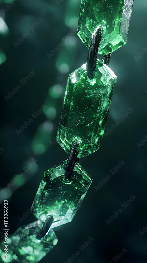 Poster a close-up of green gemstones linked by black chains, showcasing texture and color.