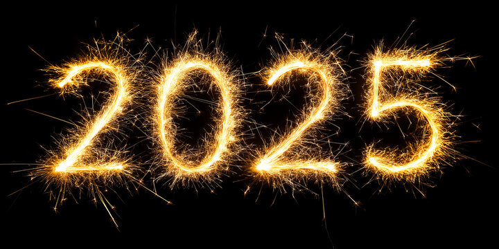 firework new year 2025 number alphabet on black background.
