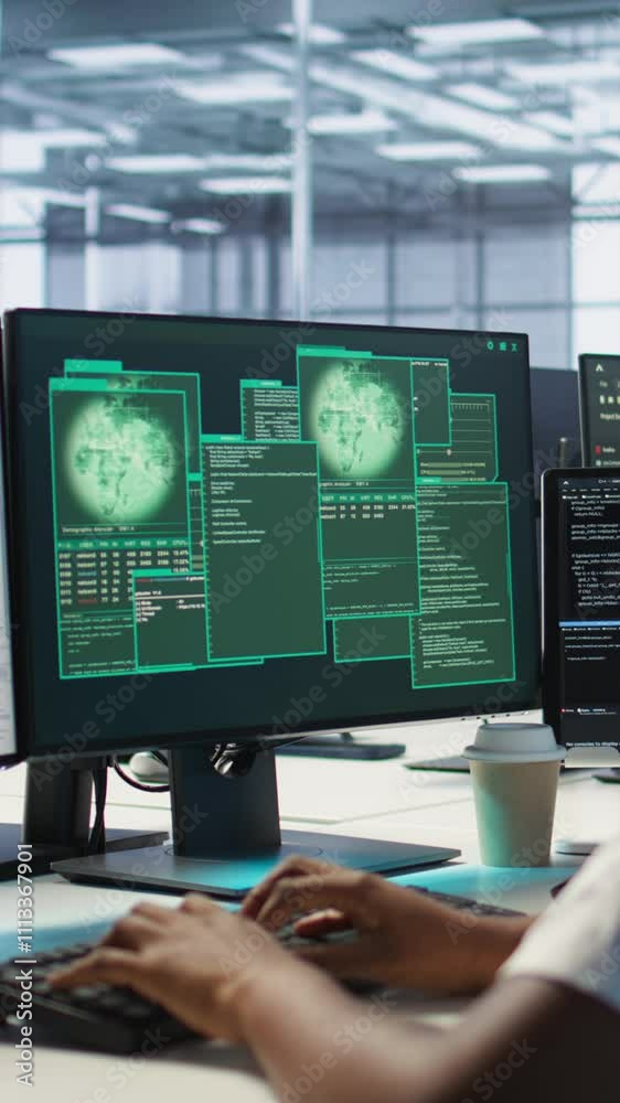 Poster vertical video admin in server hub trying to protect gear from hacker attack stealing sensitive info