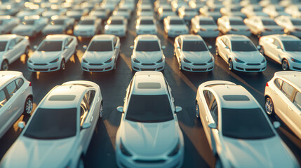 Obraz premium A parking lot filled with rows of used cars, focusing on the dealership and rental industry, highlighting the thriving automotive business and transportation market. The growing automotive market.
