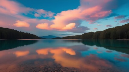Fototapeta premium Crystal-Clear Lake Under Pastel-Toned Cloud Sky