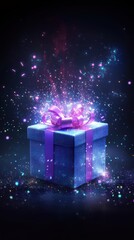 Gift Box with Glowing Lights on Dark Blurred Background