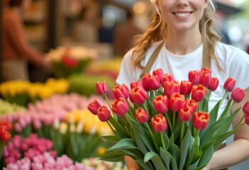 Fototapeta premium Vibrant tulips for sale at bustling flower market