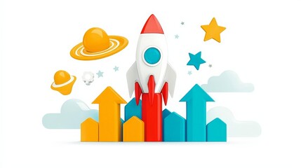Fototapeta premium tech-driven growth concept. Rocket launching with colorful planets and arrows indicating growth.