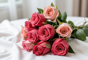 Obraz premium Elegant bouquet of pink and red roses on white fabric for romantic occasions and home decor