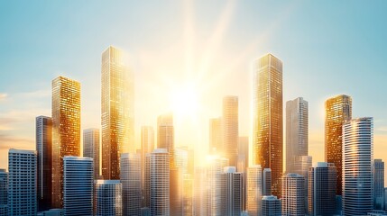 The illustration showcases a futuristic cityscape bathed in golden sunlight, with towering skyscrapers coated in shimmering gold facades, reflecting the warm hues of the sunrise