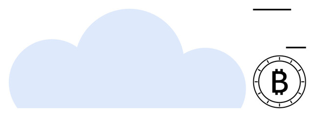 Light blue cloud next to Bitcoin symbol with black lines above. Ideal for digital finance, cloud storage, cryptocurrency, online banking, fintech, blockchain, data security topics. Line metaphor