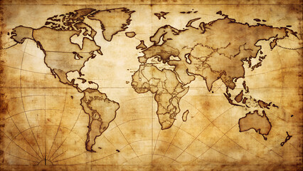 Old map paper illustration on aged sepia paper with an antique style, featuring detailed continents and a textured, weathered background.