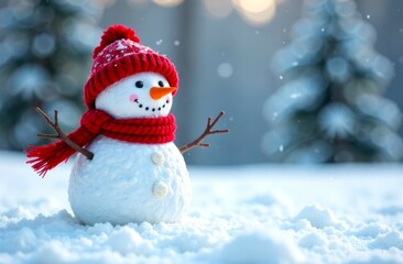 Obraz premium Snowman in a red hat and a red scarf on snow in the winter, Snowy Forest in the background. Close-up of little Snowman. Illustration with Copy Space
