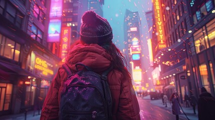 Fototapeta premium Tourist walking through the vibrant streets of a new city, capturing photos