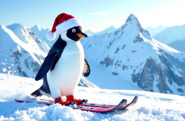Penguin on ski. Skier Penguin in Santa Claus hat, Snowy Mountains in the background. Concept Winter Sports and Active Recreation in the Mountains. Copy Space