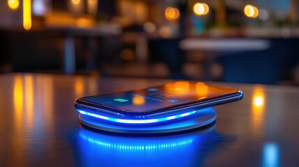 Smartphone wirelessly charging on a glowing blue pad in a restaurant.
