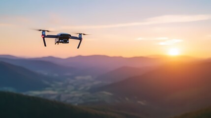 Drone flying over mountains at sunset.