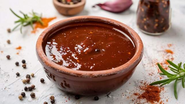 Bowl of Tasty Chipotle Sauce and Spices: A bowl of chipotle sauce with accompanying spices on a light background, highlighting flavor and culinary details.
